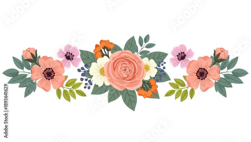 A vibrant floral arrangement featuring roses, poppies, and forget-me-nots, showcasing a mix of peach, pink, and orange hues on a white background.