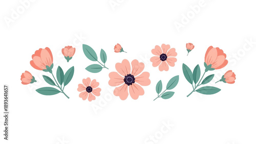 Beautiful floral arrangement with pink flowers and green leaves on a white background