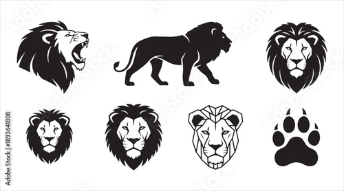 Majestic Lion Silhouette and Head Vector Set: King of the Jungle Mascots, Roaring Lion Portraits, and African Predator Paw Print Icons for Branding