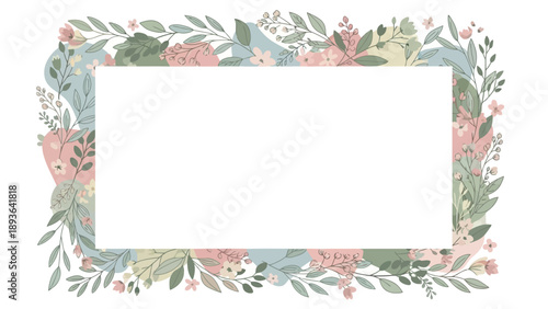A serene floral wreath frame with lush greenery and pastel flowers surrounding a blank white space