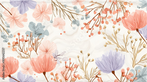 watercolor floral background with small flowers and branches business card, empty center for text