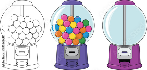 Classic gumball machine illustration set showing outline filled and empty candy dispensers colorful bubblegum vending flat vector isolated white background