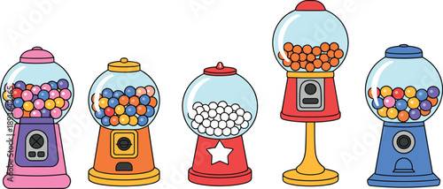 Colorful gumball machine collection with retro candy dispensers playful bubblegum vending devices flat vector illustration isolated white background for kids