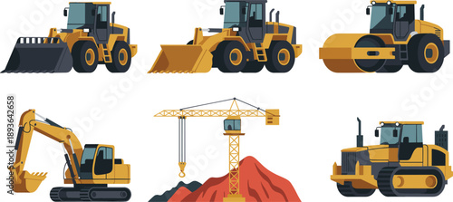 Construction machinery set featuring bulldozer loader roller excavator crane and tracked tractor equipment flat vector illustration for industrial building projects