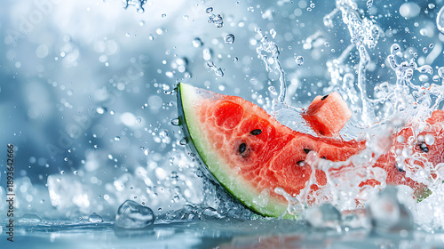 Fresh red watermelon cubes and slices splashing into blue water, summer frozen fruit square, cool bubbles and dynamic liquid drops closeup, healthy diet dessert

