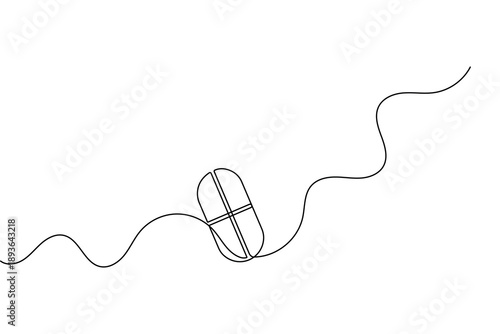 Minimalist capsule pill outline in continuous one line drawing style isolated on white background