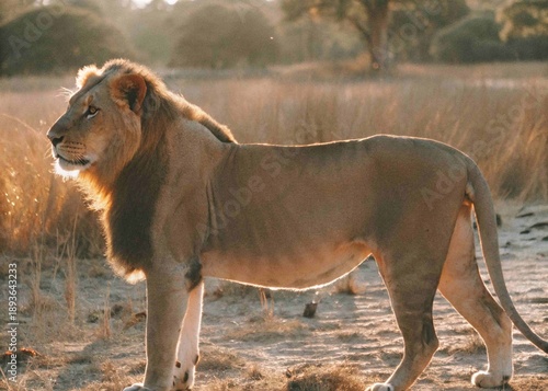 Majestic male lion walking in golden savanna grassland at sunset wildlife