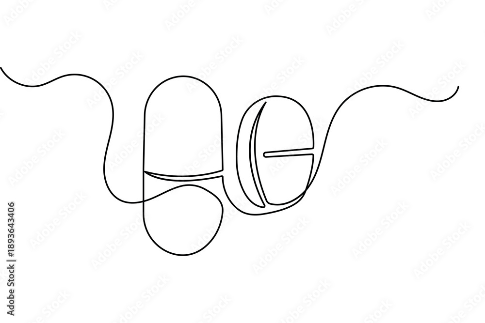 Obraz premium Minimalist capsule pill outline in continuous one line drawing style isolated on white background