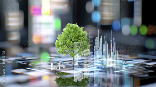 Green tree digital graph business growth technology data analysis futuristic finance sustainability eco friendly innovation. green tree stands among digital graphs and data charts symbolizing