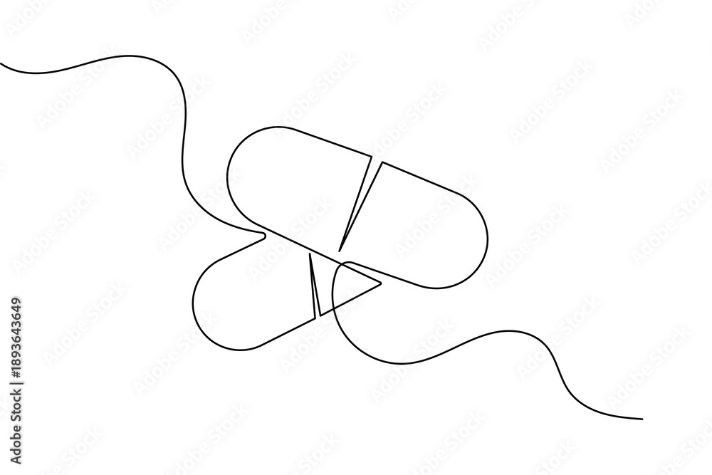 Fototapeta premium Capsule tablets and pills icon created with a single continuous line for minimalist medical branding