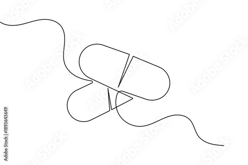 Capsule tablets and pills icon created with a single continuous line for minimalist medical branding