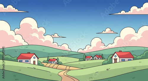 Peaceful Rolling Green Hills Landscape with Houses in Minimalist