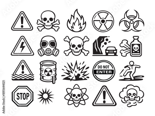 Black Safety Hazard Warning Signs and Danger Symbols Icon Set
