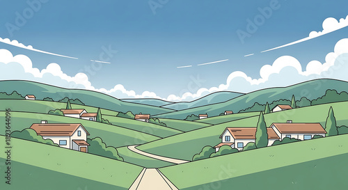 Peaceful Rolling Green Hills Landscape with Houses in Minimalist