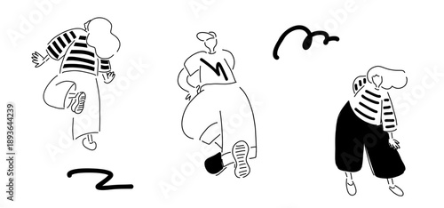 踊る人たち_キャップ,ボーダー＆プリントシャツ｜線画,ハンドドローイング,ベクターイラスト｜People Dancing,vector illustration