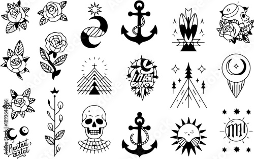 Skull and Animal Tattoo Style Vector Icon Set
