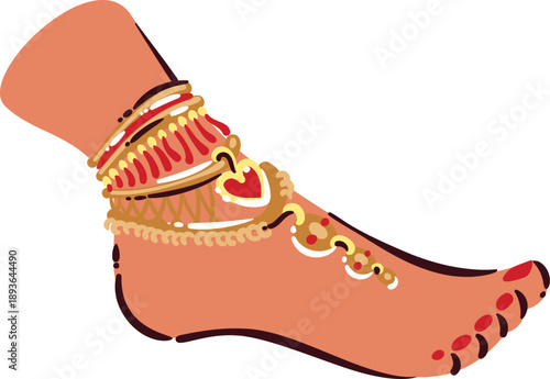 Indian anklet foot icon. Female foot with jewelry, golden bangles, payal chains, heart charm, red nail detail, cultural ornament. Anklet travel symbol, cartoon doodle vector illustration.