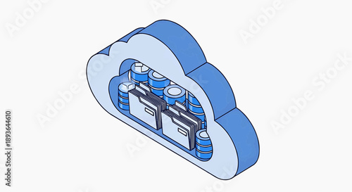 Secure Cloud Computing and Data Storage Solutions An Isometric Digital Illustration Depicting Network Infrastructure and Server Management for Information Access