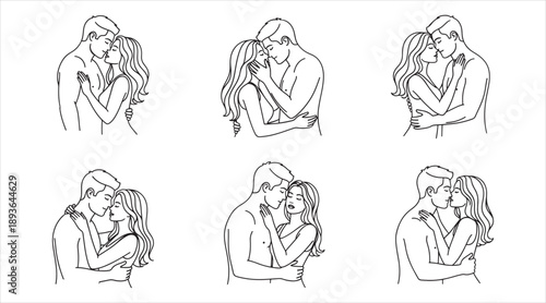 Set of Minimalist Romantic Couple Line Art: Intimate Man and Woman Hugging, Forehead Kisses, and Loving Embraces for Wedding Invitations and Valentine’s Day Graphics