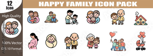 Happy Family Life Icon Set. Cute Kawaii Parents, Children, and Grandparents Vector Illustration.