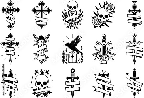 Skull and Animal Tattoo Style Vector Icon Set