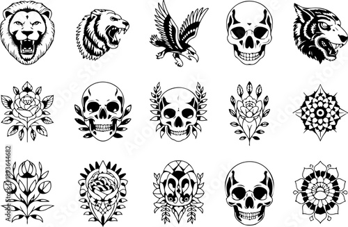 Skull and Animal Tattoo Style Vector Icon Set