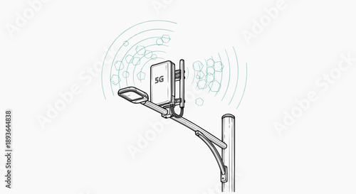 Illustration of a communication device mounted on a street lamp, broadcasting signals
