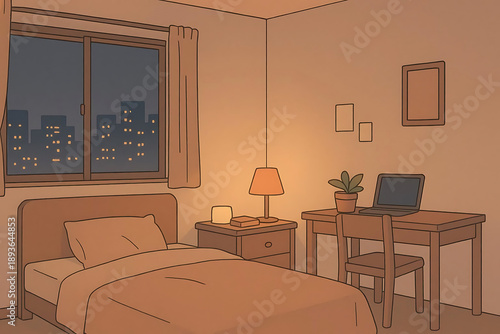 Cozy Anime Bedroom Interior at Night with City Lights View