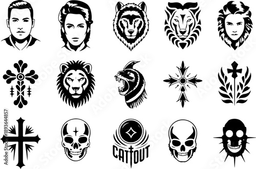 Skull and Animal Tattoo Style Vector Icon Set