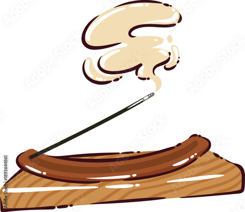Indian incense stick icon. Burning incense with smoke, wooden holder, curved aroma trail, ritual object, spiritual detail. Incense travel symbol, cartoon doodle vector illustration.