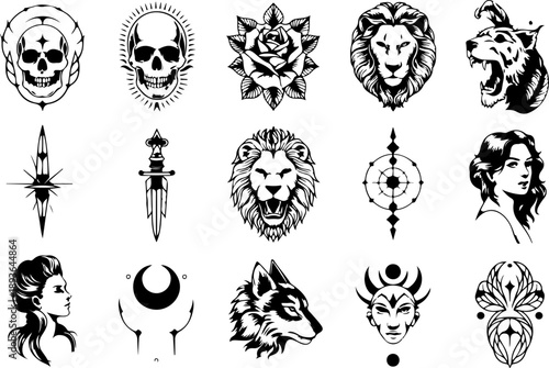 Skull and Animal Tattoo Style Vector Icon Set