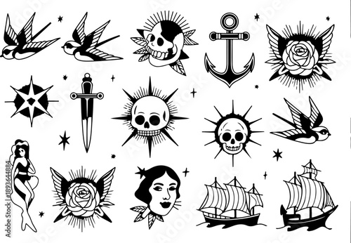 Skull and Animal Tattoo Style Vector Icon Set
