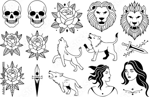Skull and Animal Tattoo Style Vector Icon Set