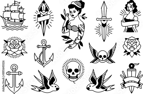 Skull and Animal Tattoo Style Vector Icon Set