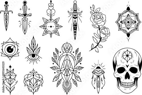 Skull and Animal Tattoo Style Vector Icon Set