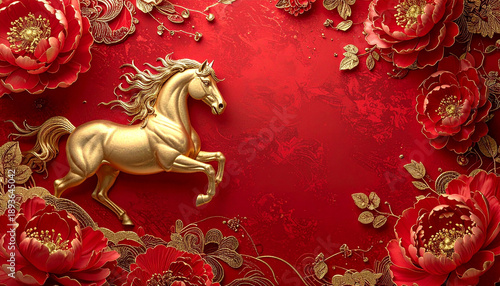 Luxurious Golden Horse Ingot Surrounded by Red Peonies and Floral Ornaments