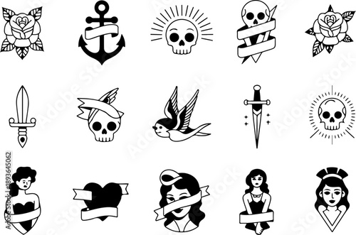 Skull and Animal Tattoo Style Vector Icon Set