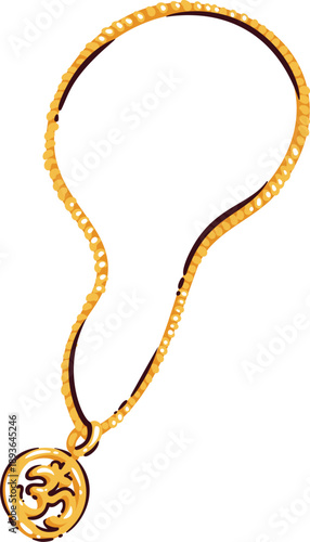 Indian hindu pendant icon. Golden necklace with sacred symbol charm, round medallion, thin chain, spiritual jewelry detail. Hindu pendant travel symbol, cartoon doodle vector illustration.