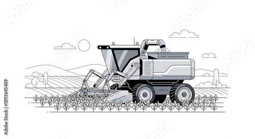 Combine harvester machine working in agricultural field with crops under sunny sky and clouds