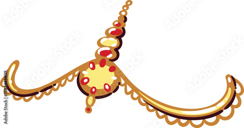 Indian nose ring icon. Golden nath jewelry with chain, round pendant, red accents, curved shapes, traditional ornament detail. Nose ring travel symbol, cartoon doodle vector illustration.