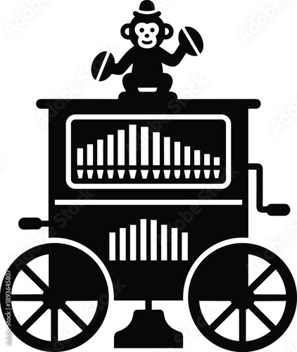 Minimal vector silhouette, antique street organ (barrel organ) with a monkey figurine on top, solid black, isolated on white.