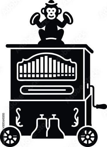 Minimal vector silhouette, antique street organ (barrel organ) with a monkey figurine on top, solid black, isolated on white.