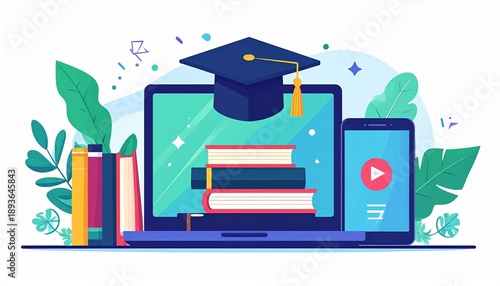 オンライン学習と教育のイメージのフラットベクターイラスト