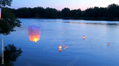 Floating Lanterns at Dusk: A Serene River Scene with Sky Lanterns Lighting Up the Water