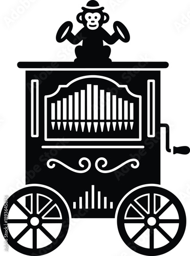 Minimal vector silhouette, antique street organ (barrel organ) with a monkey figurine on top, solid black, isolated on white.