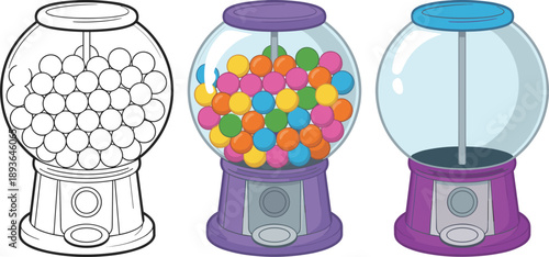 Gumball vending machine set showing empty filled and outline versions colorful candy dispenser flat vector illustration isolated on white background