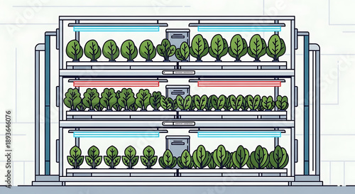 Vertical farm with multiple shelves of green plants in a controlled environment for sustainable agriculture and hydroponics