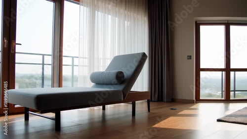 Minimalist Interior Design: Modern Lounge Chair with Balcony View in Apartment