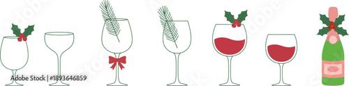 Set of wine glasses and champagne bottle with festive holiday decorations, perfect for seasonal celebrations and events