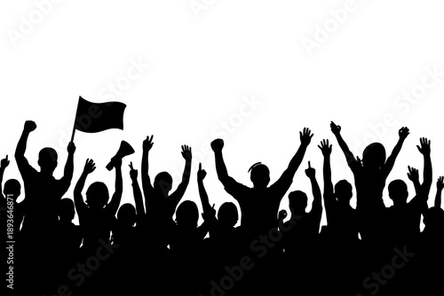 Silhouette of diverse crowd cheering with raised hands and flag.